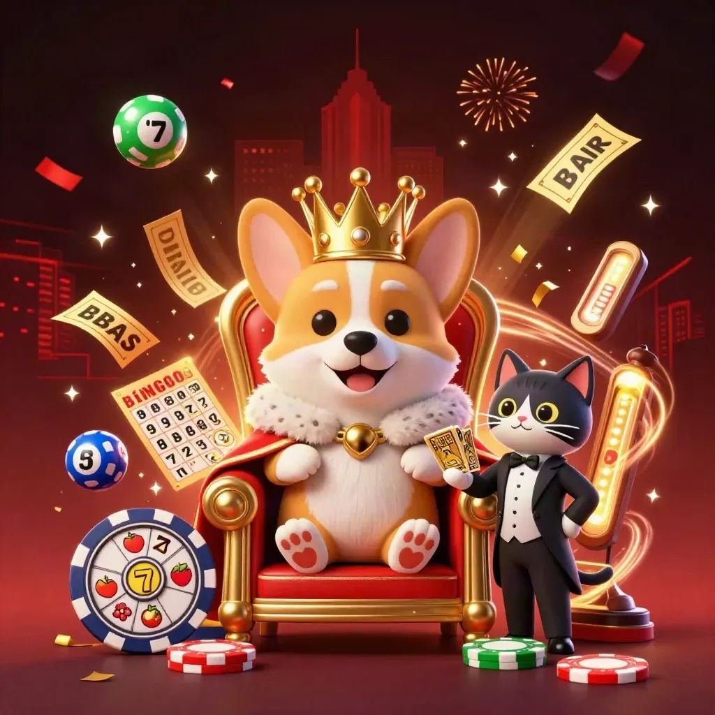 Royal corgi and cat butler amid casino bursts, chips, reels, balls, fireworks, and glowing effects.