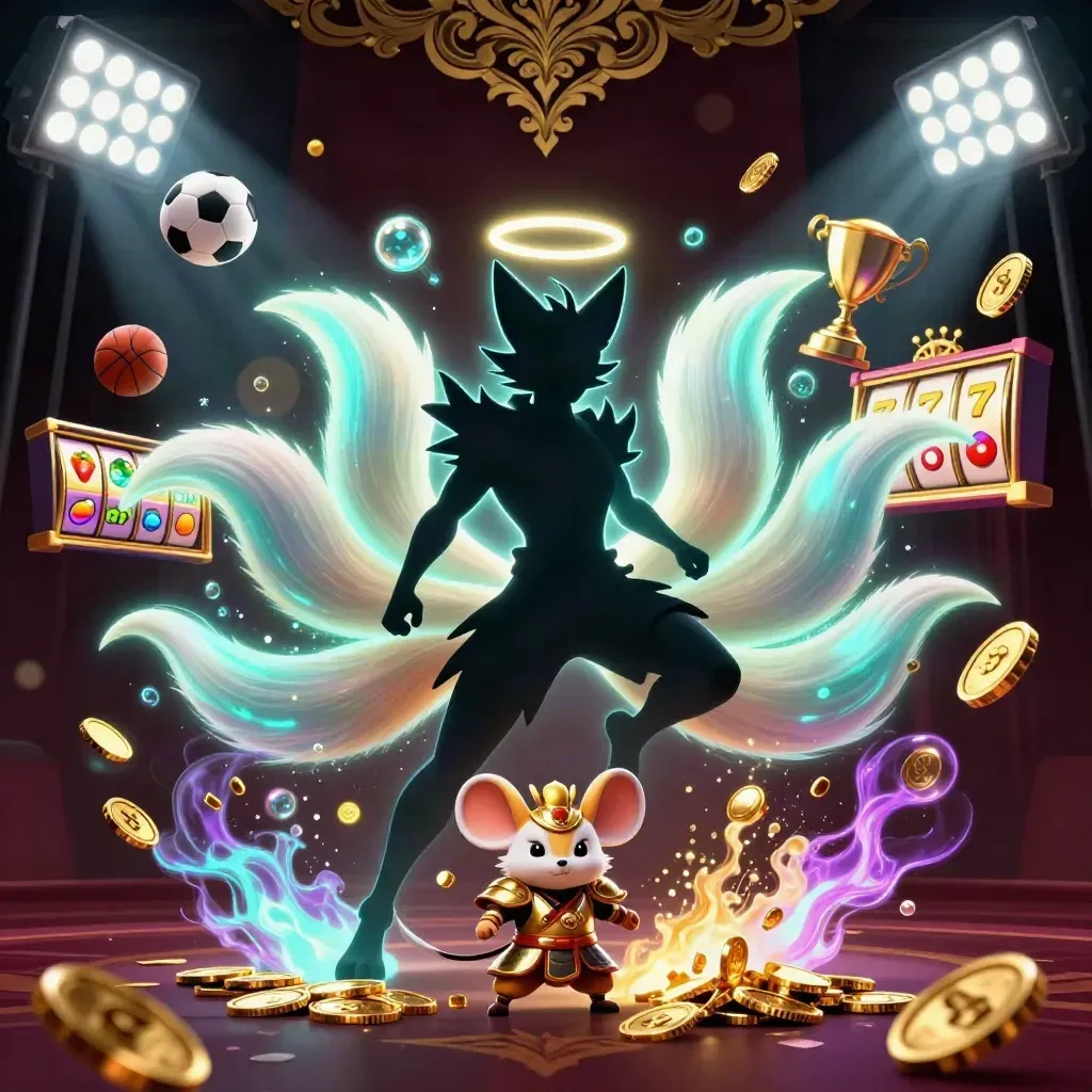 Fox spirit and gold-armoured mouse amid casino balls, coins, reels and neon glow.