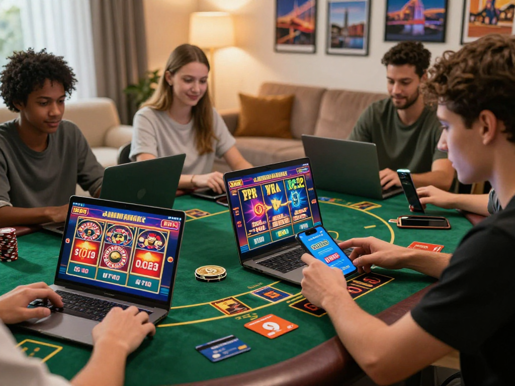 Players enjoying various non gamstop casino sites in a vibrant home setting with gaming devices and colorful graphics.