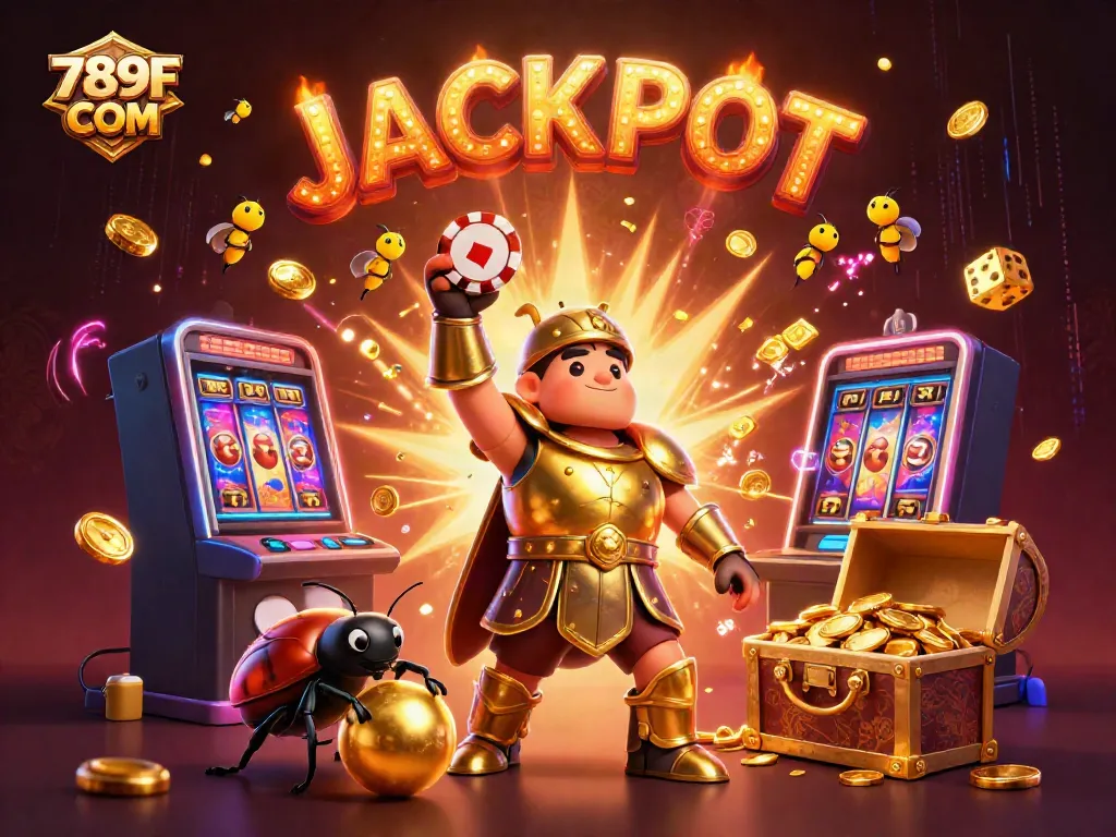 Experience victory with 789F COM's lively gambling scene featuring a hercules beetle celebrating above a jackpot.
