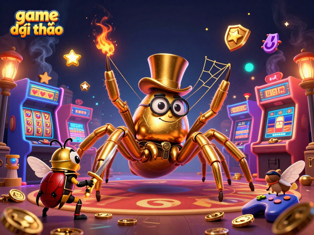 Engage in thrilling game đổi thưởng action with vibrant casino elements in a dynamic scene featuring a golden tarantula and beetle knight.