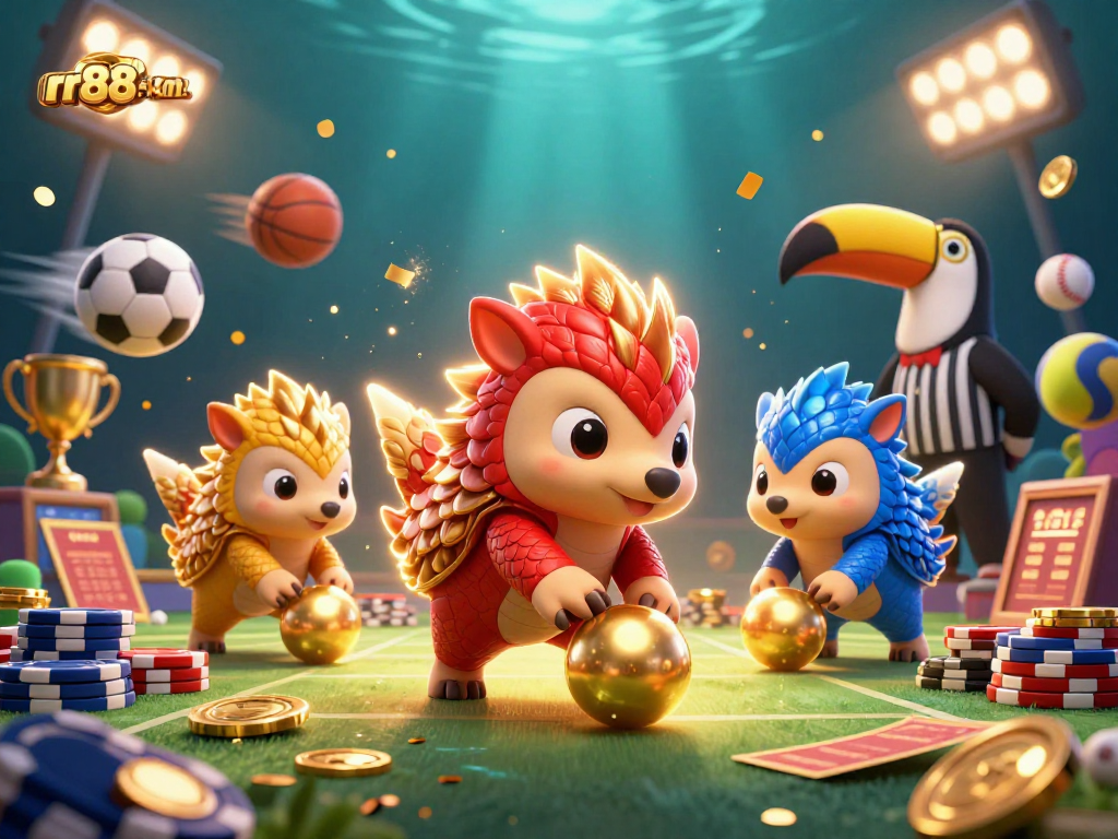 rr88-km features cartoon pangolins competing for golden chips in an exciting casino game.
