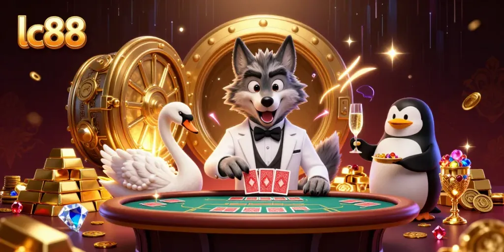 Engage with lc88 at a dynamic baccarat table, featuring whimsical characters and a treasure-filled casino atmosphere.