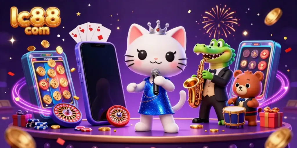 Experience thrilling entertainment at lc88 com with a vibrant, lively casino scene featuring unique characters and games.