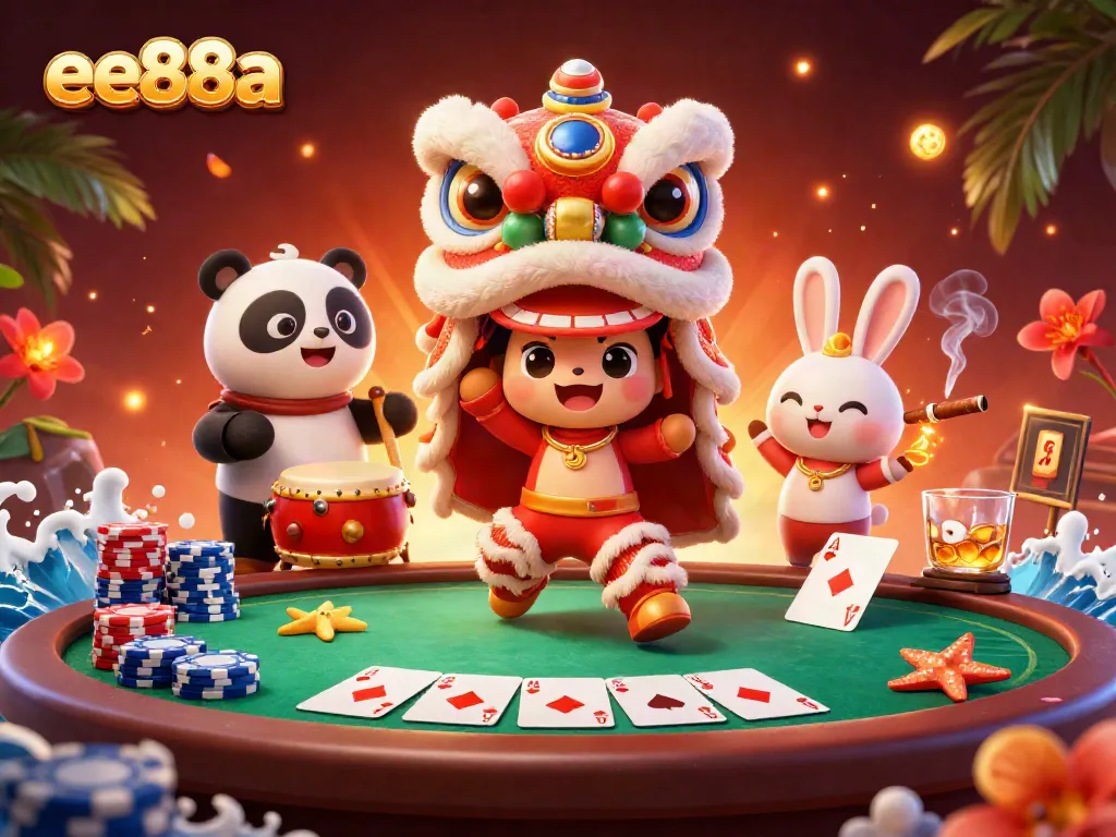 Engage with ee88a through a vibrant 3D illustration showcasing an exciting casino atmosphere with a lion dance and gaming elements.
