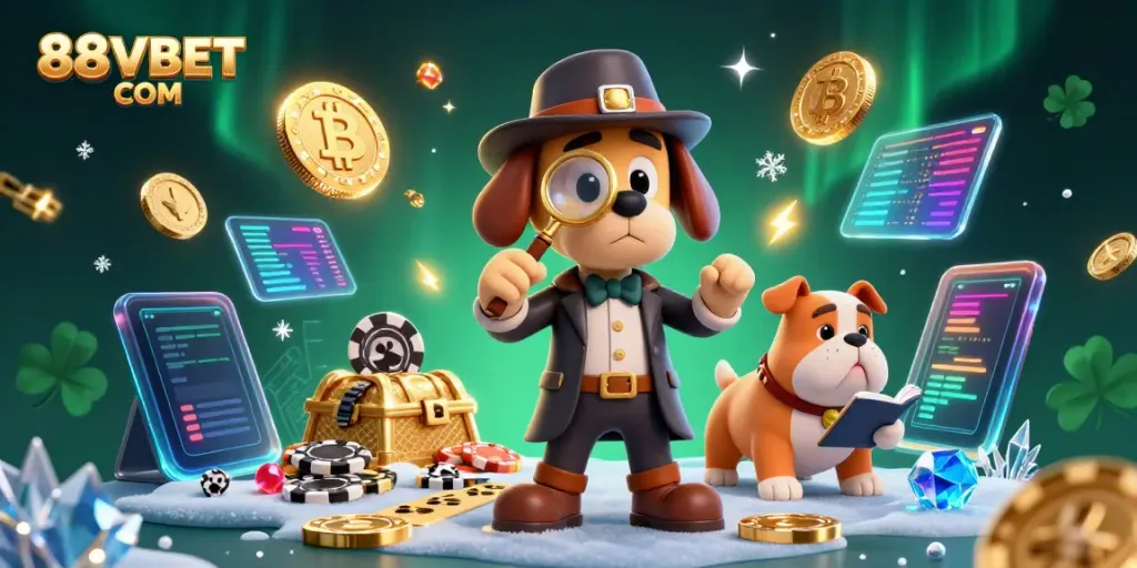 Uncover treasures with 88VBET COM in a vibrant casino scene featuring a detective duo inspecting poker chips.