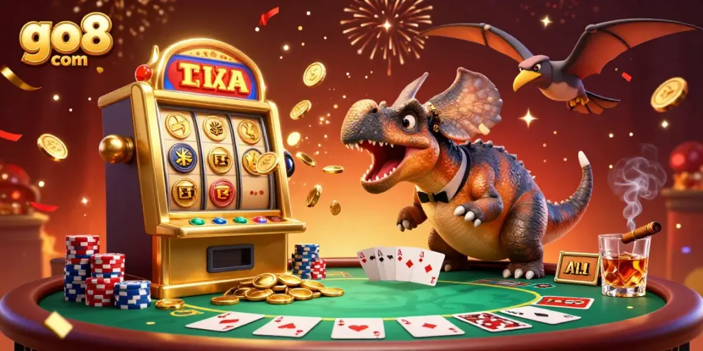 Catch the excitement at go8 com as dinosaurs celebrate a jackpot at a lively casino scene!