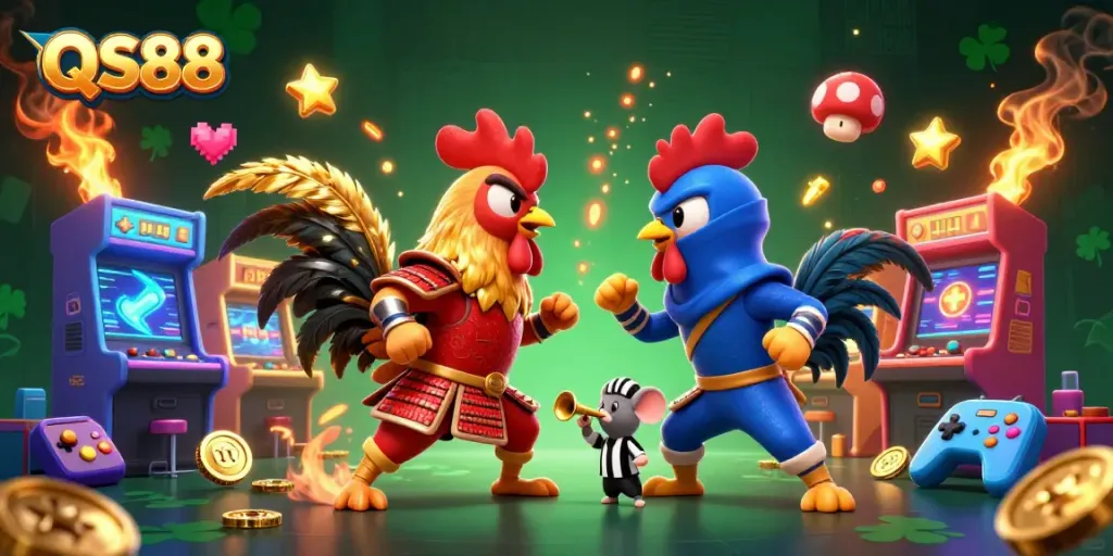 Engage in exciting gameplay at QS88 with fighting roosters in a vibrant casino-themed arena.