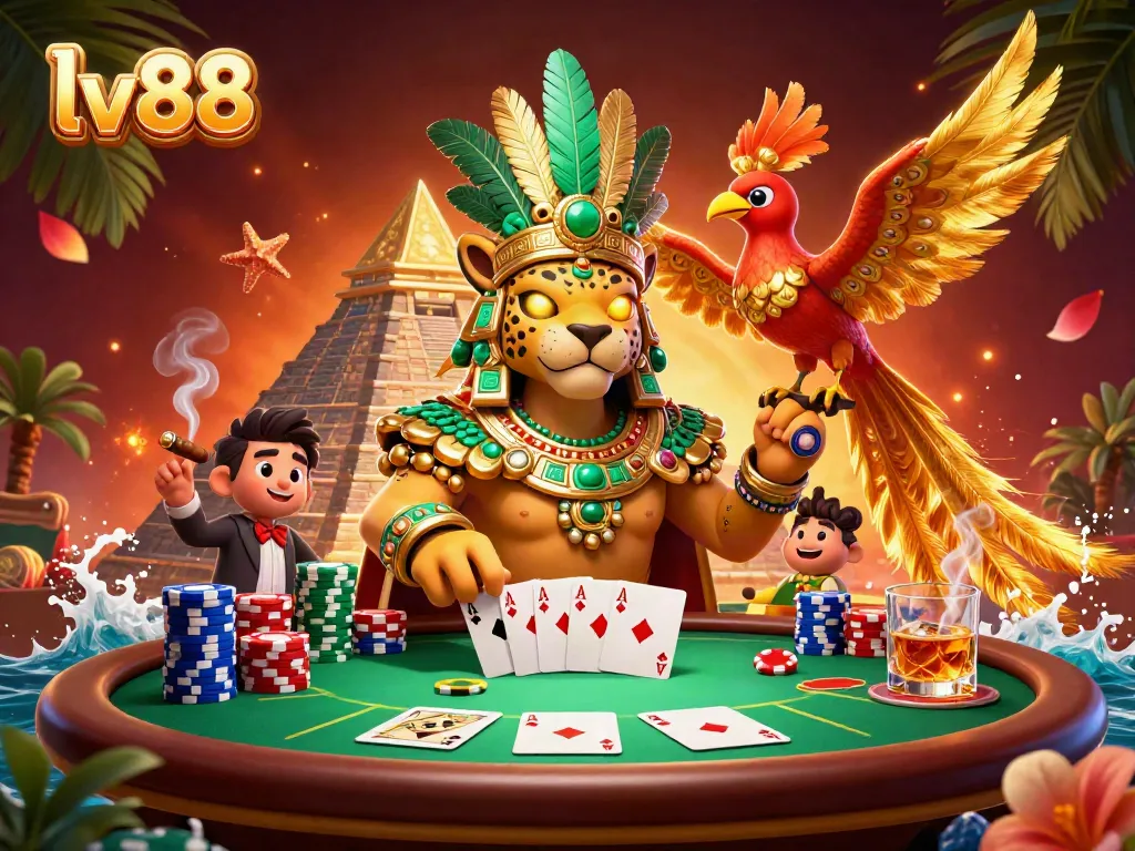 Experience thrilling poker action with lv88, featuring a Mayan priest and vibrant casino elements.