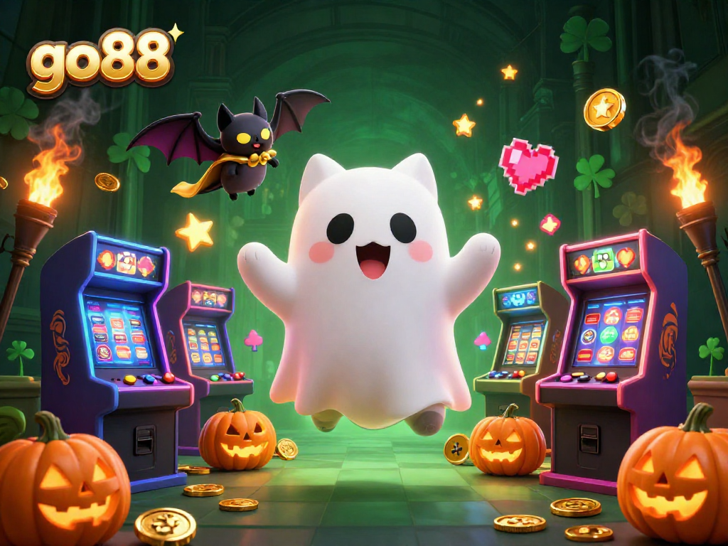 Experience the thrill of go88 with a ghost cat and a bat in a haunted casino.