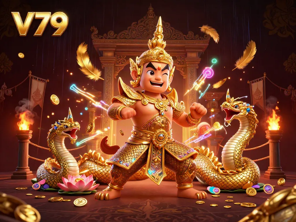 V79 illustrates a vibrant online casino experience with a temple guardian and Naga companions.