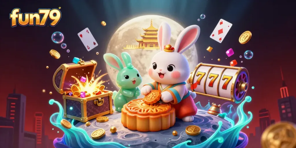 Play fun79 to win with a vibrant casino scene including slot reels and moon rabbits.