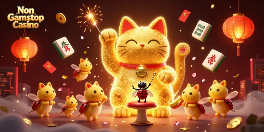 Engage with the vibrant Non Gamstop Casino world filled with playful fireflies, lucky symbols, and festive decor.