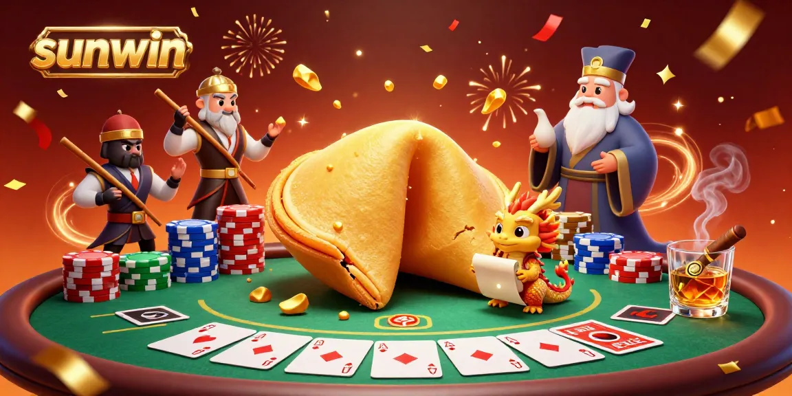 Experience the excitement of sunwin with this vibrant poker-themed illustration featuring a fortune cookie, dragon, and more.