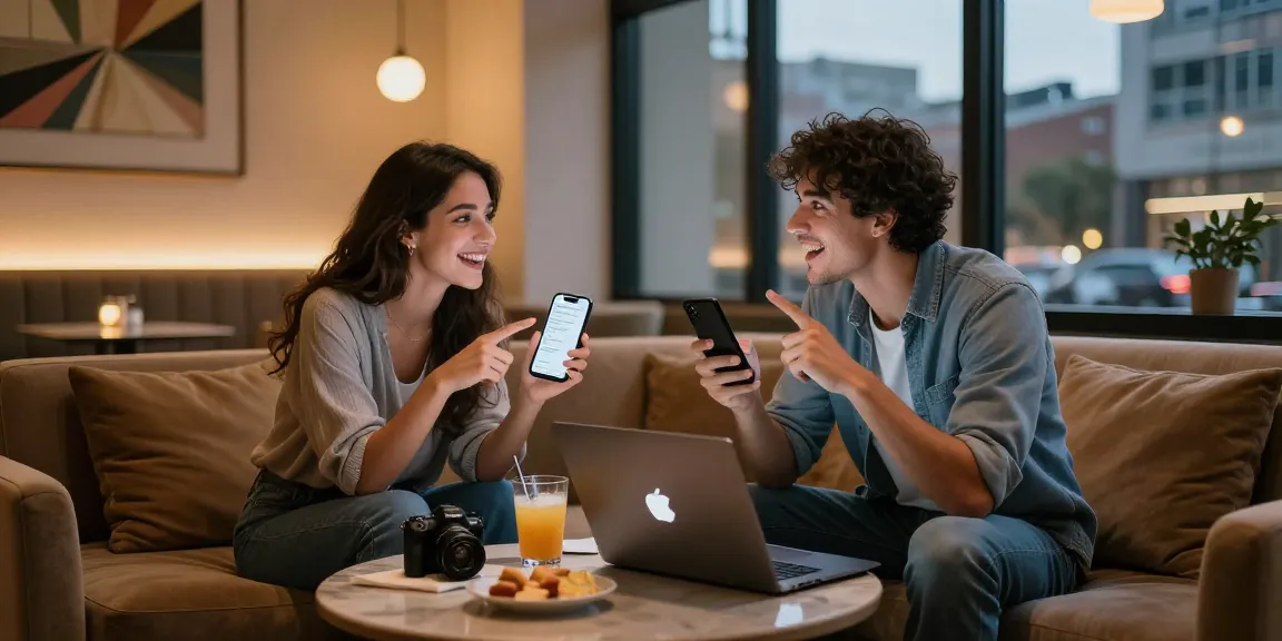 A young couple enjoying AI chat porn on laptops in a modern lounge.