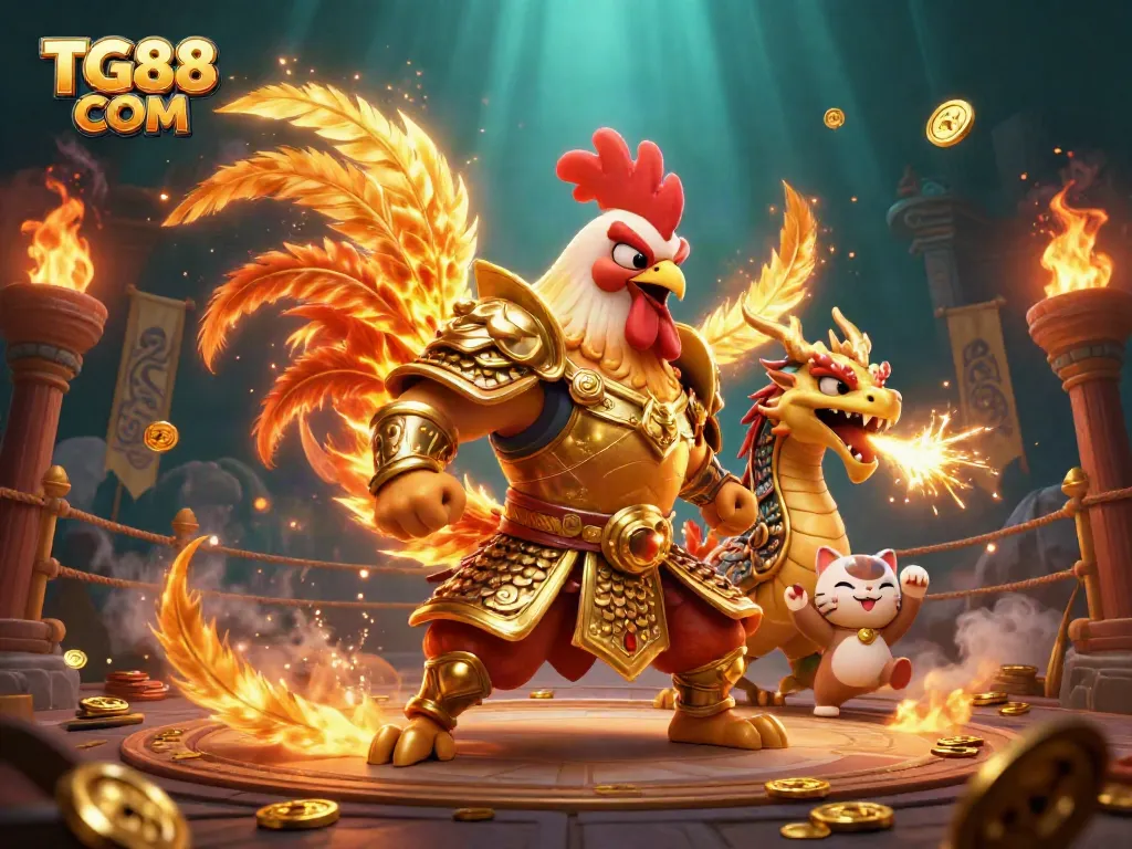 Engage in the thrilling fights at TG88 COM with a golden warrior rooster and armored dragon.