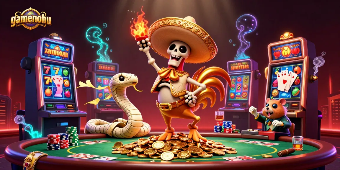 Engage with gamenohu as a lively mariachi rooster dances on gold coins amidst poker and slot elements.