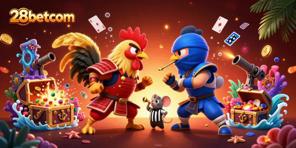 Engage with dynamic gameplay at 28betcom with animated fighting rooster scene showcasing casino excitement.