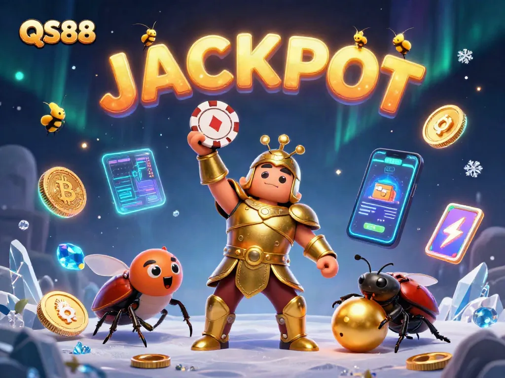 Spin the reels with QS88 in this vibrant 3D illustration of a victorious beetle and crypto elements.