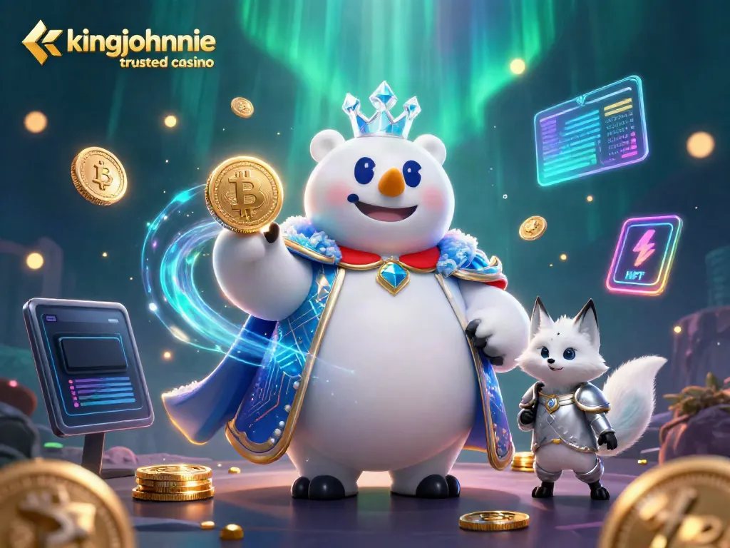 Experience the kingjohnnie trusted casino with this vibrant 3D illustration showcasing an energetic scene of a polar bear and fox.