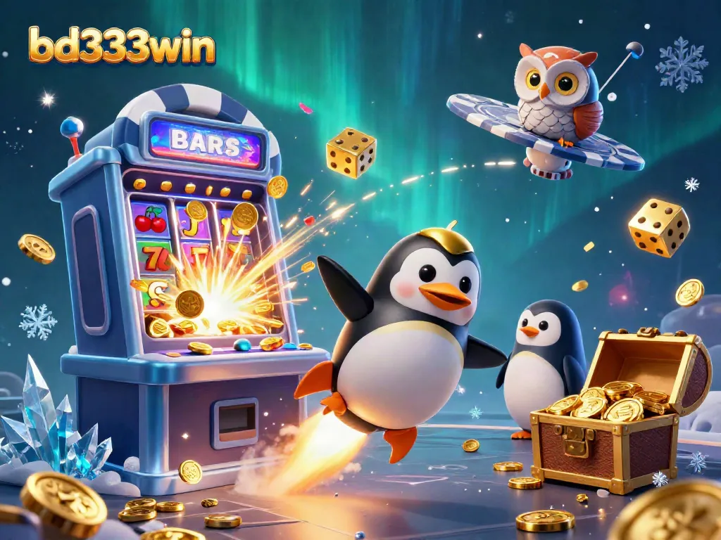 Experience thrilling gaming adventures with bd333win as a golden penguin zooms towards a casino space station.