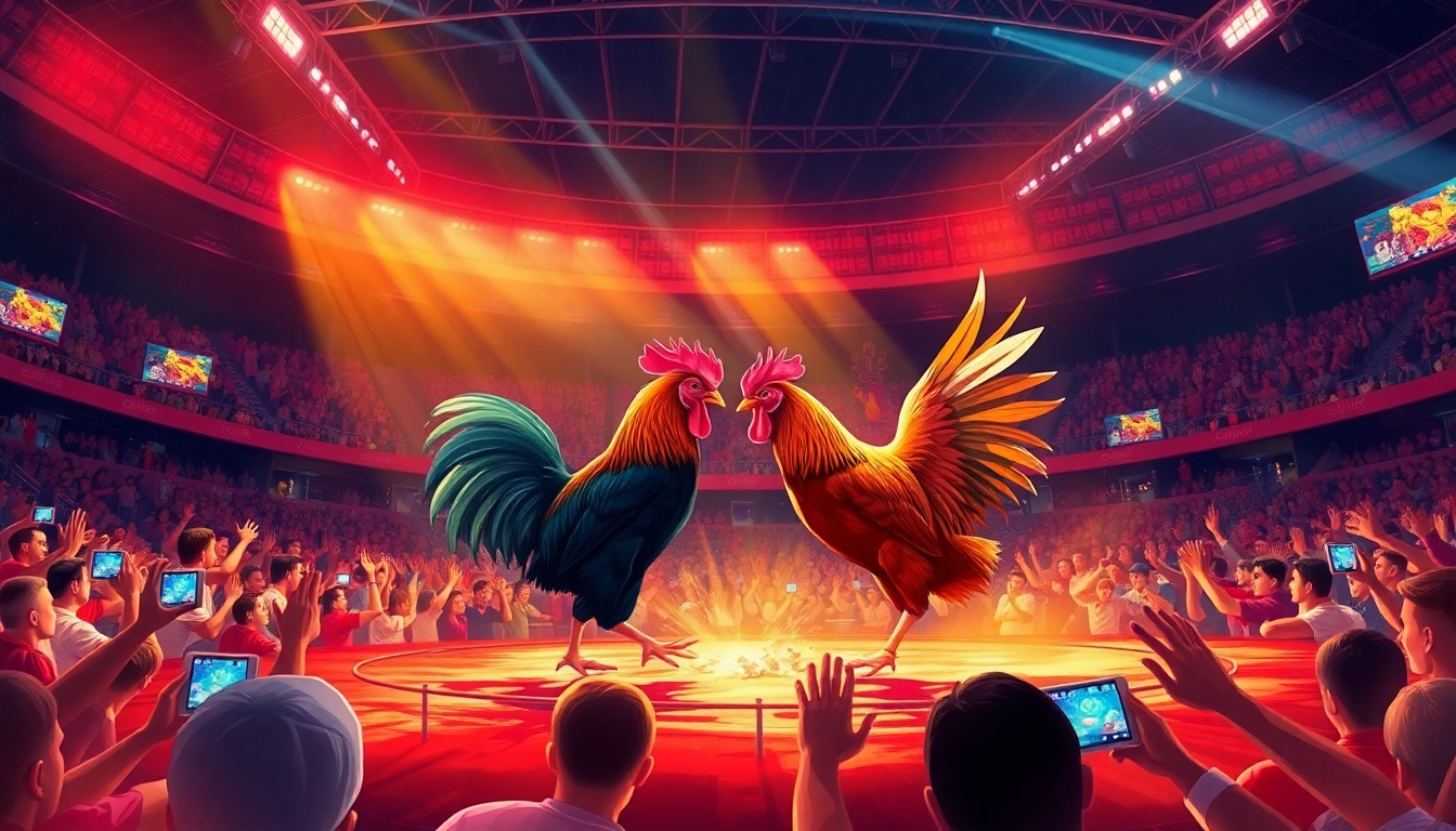 Exciting live cockfighting event at sv368win.live with vibrant atmosphere and digital elements.