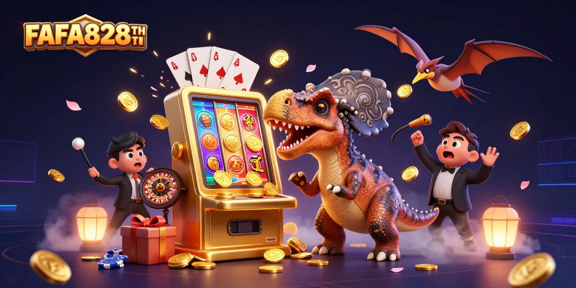 FAFA828TH jackpot excitement with vibrant coins, a dinosaur, and dynamic casino elements.