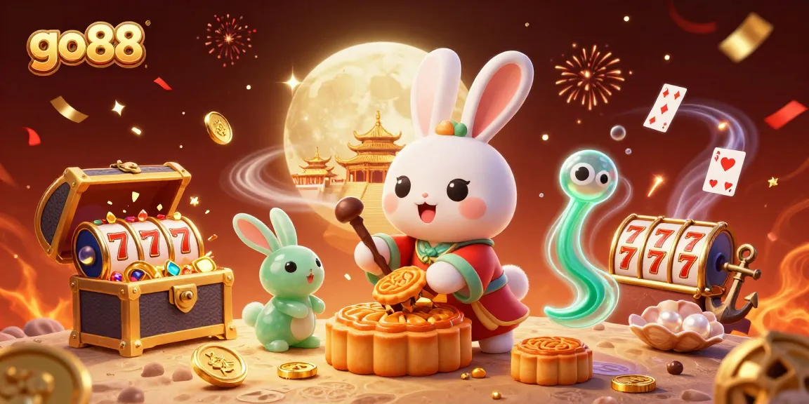 Play and win with go 88; a vibrant scene featuring a moon rabbit and colorful casino elements.