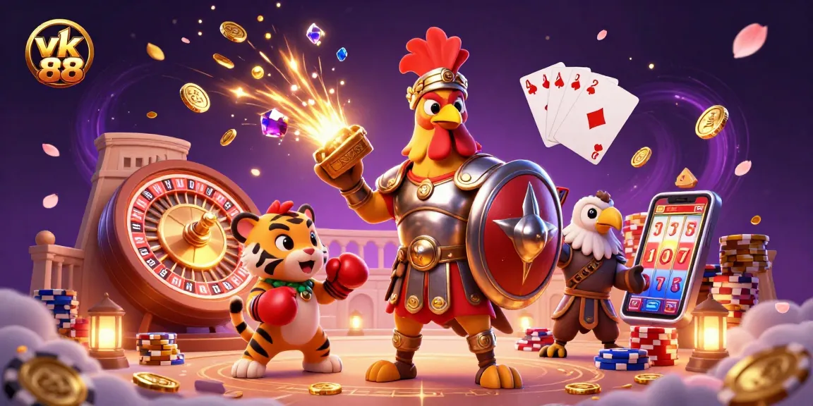 Experience the excitement of vk 88 as the gladiator rooster takes on the arena with vibrant casino elements.