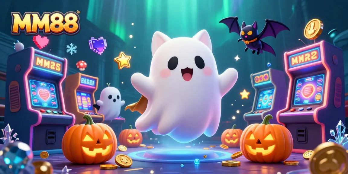 Engage with MM88's vibrant casino atmosphere featuring floating characters in a haunted mansion.