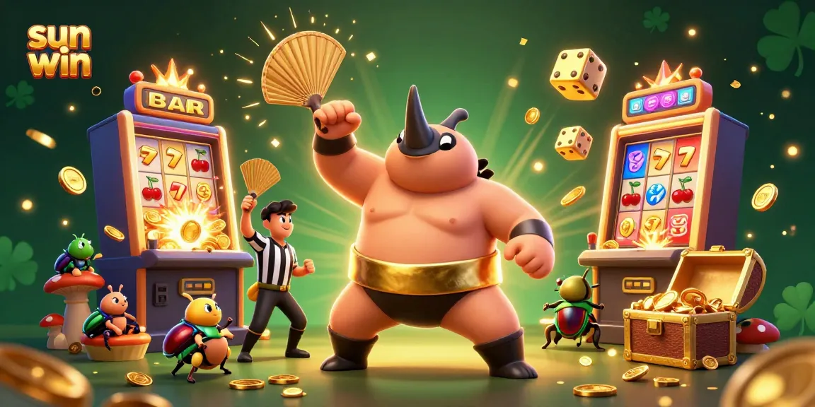 Experience sun win excitement with a vibrant, action-packed 3D casino scene overflowing with tokens and thrills.