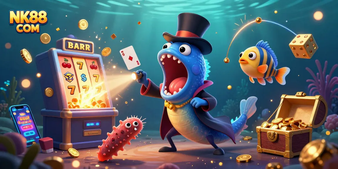 Experience thrilling games at NK88 COM while a magical eel performs tricks with vibrant coins and lights.