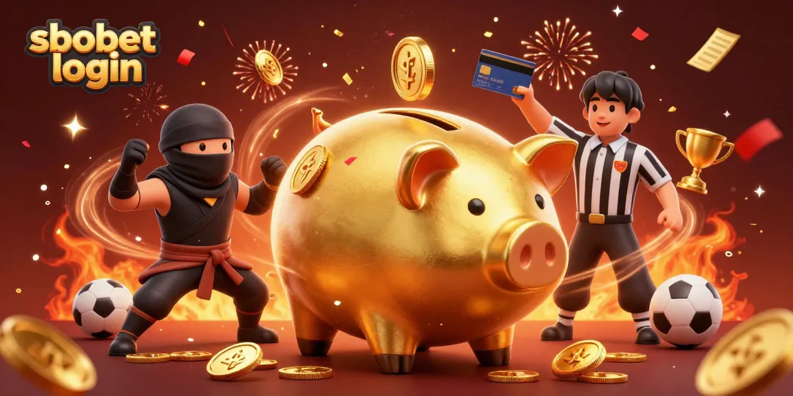 Experience thrilling sbobet login action with golden piggy bank sumo wrestler and sports betting elements!