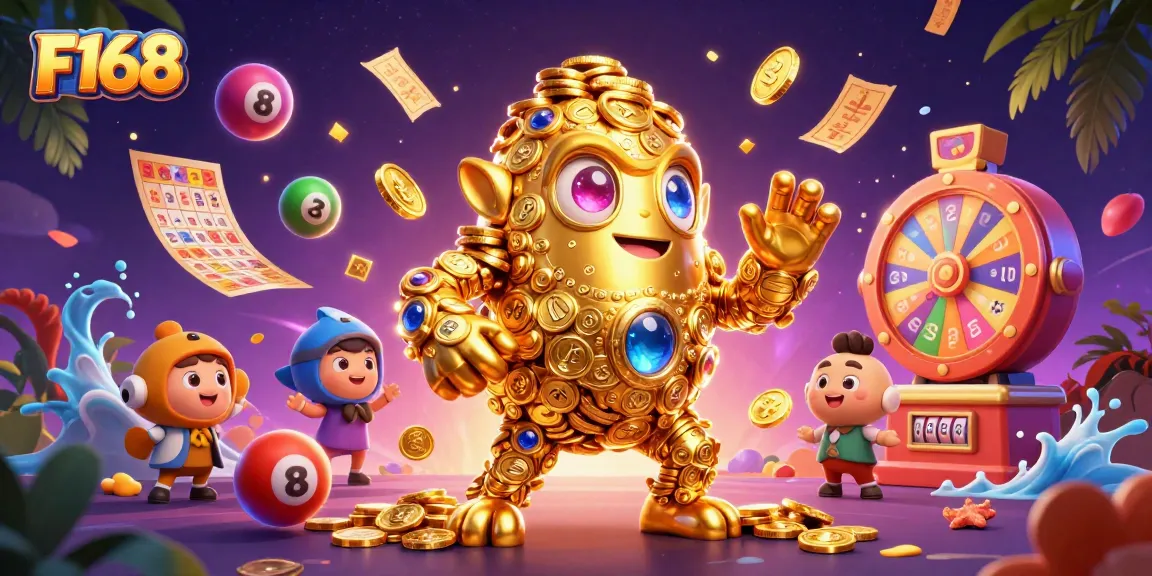 Win big at F168 with an engaging 3D illustration of a golden golem surrounded by vibrant lottery elements.