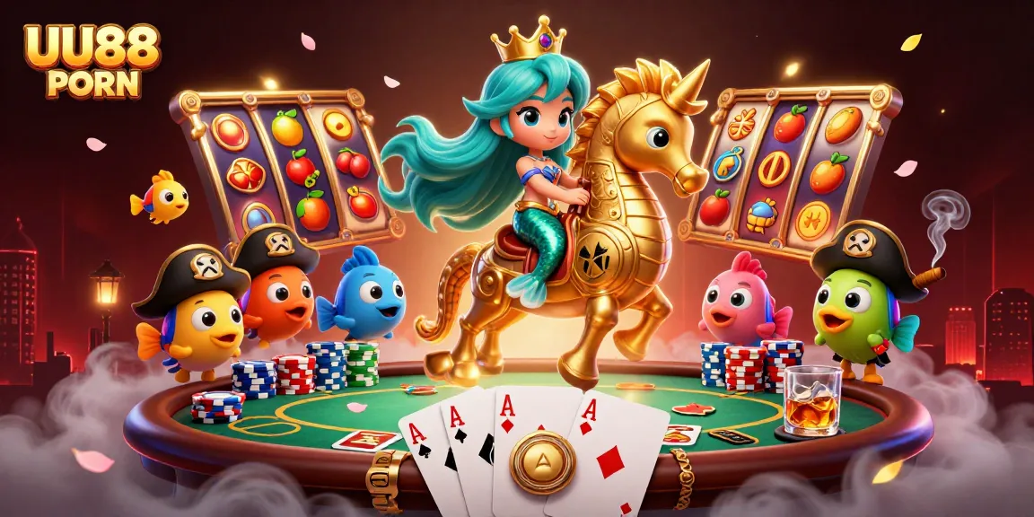 Engage in the thrilling UU88 PORN casino experience with vibrant slot reels and animated characters.