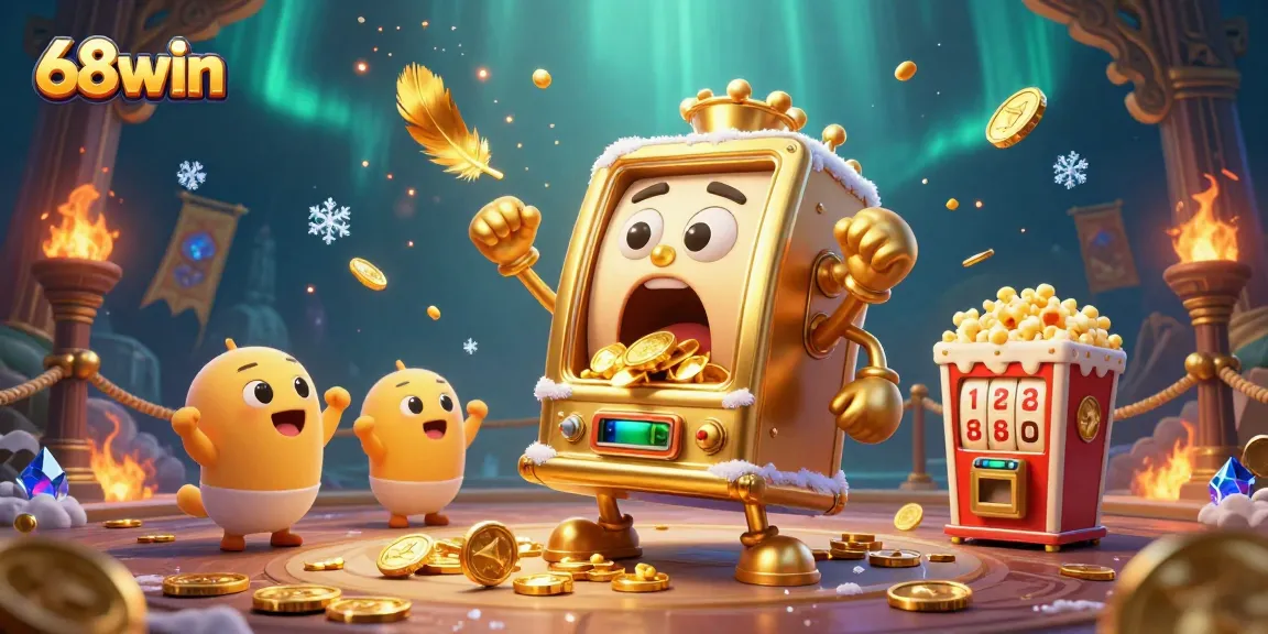 Experience thrilling wins at 68win with a dazzling golden slot machine celebrating its jackpot amidst festive casino elements.