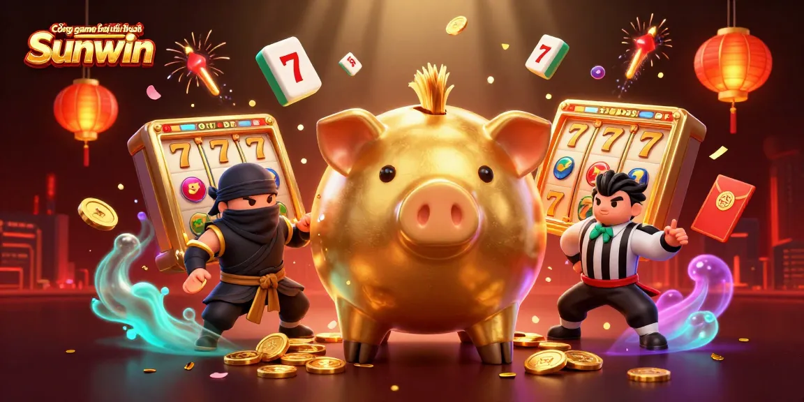 Cổng game bài đổi thưởng Sunwin showcases a vibrant 3D scene with a golden piggy bank sumo wrestler, wallet-ninja, and credit-card samurai amidst dynamic casino elements.