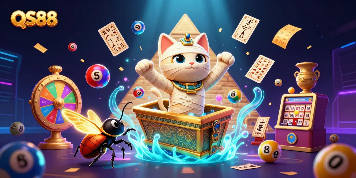 Engage with QS88's dynamic online gaming scene, featuring an Egyptian mummy cat and vibrant casino elements.