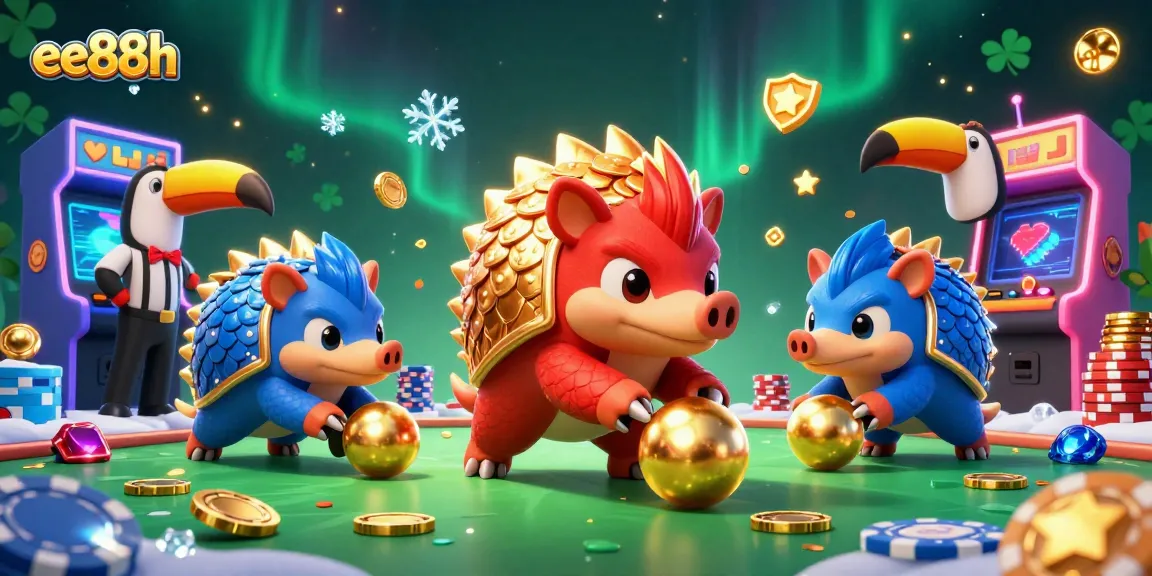 Engage with ee88h's thrilling casino experience, showcasing playful pangolins and vibrant gaming elements in action.