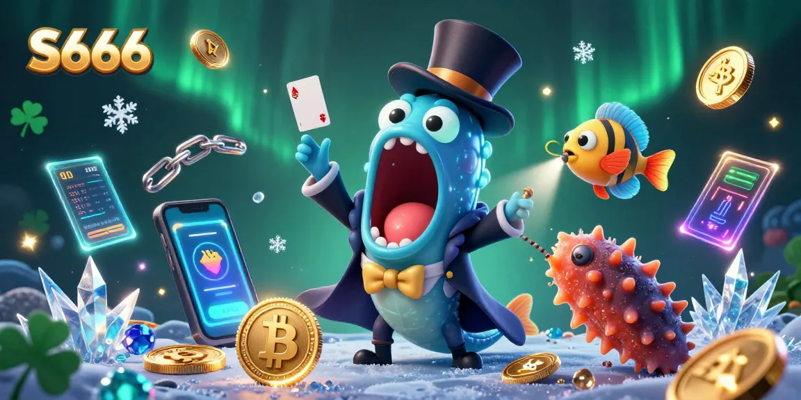 S666 players enjoy thrilling card magic with a bioluminescent eel and anglerfish, surrounded by crypto elements.