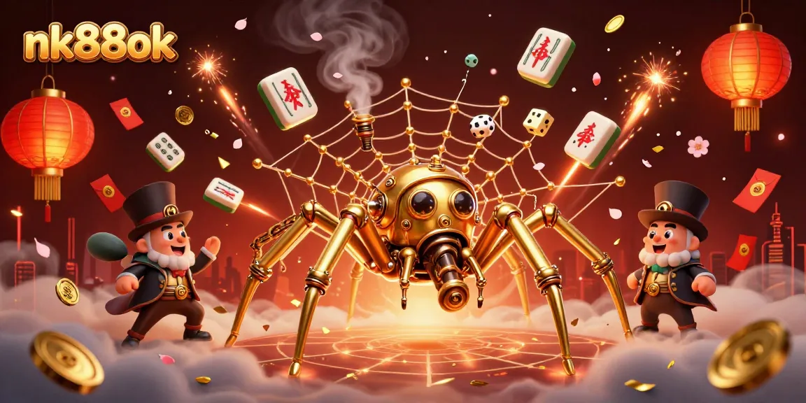 Experience thrilling action at nk88ok with a steampunk spider, glowing tiles, and vibrant casino elements.