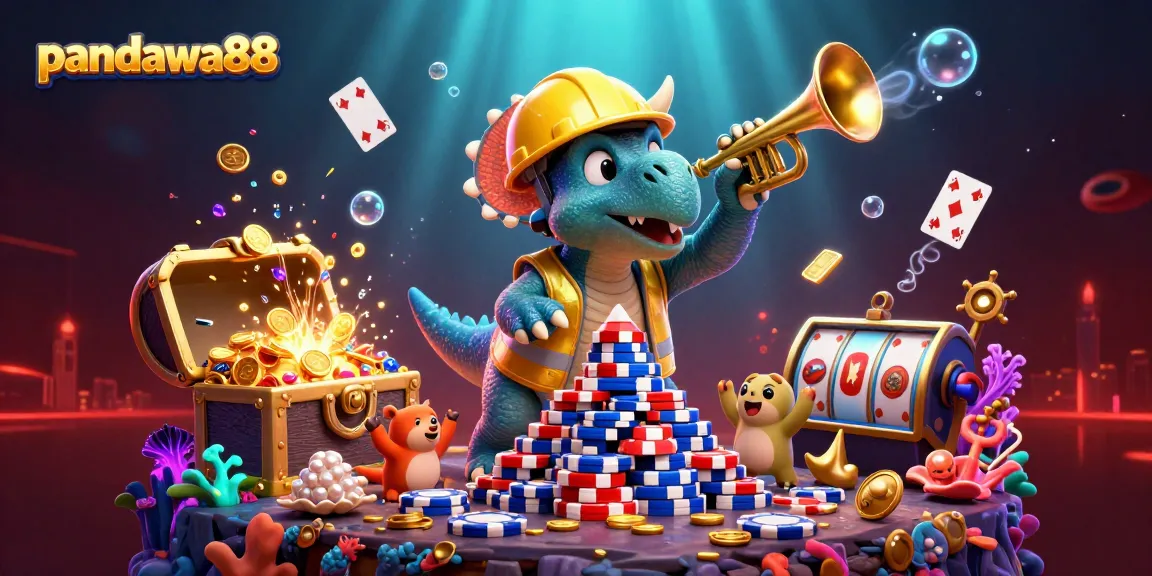 Pandawa88 showcases an exciting scene with a triceratops building poker chip towers amid underwater treasures, engaging players in gaming thrill.