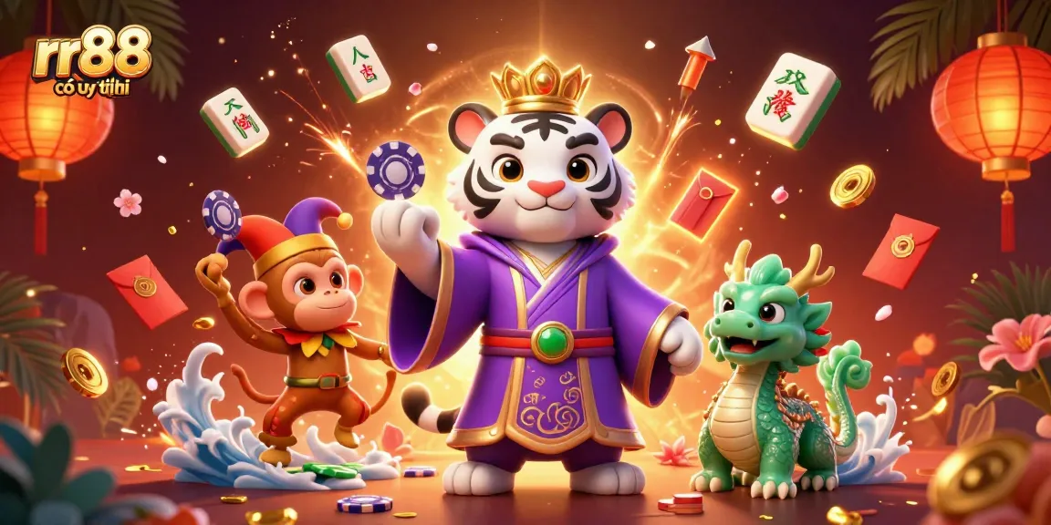 Engage with rr88 có uy tín in this vibrant casino illustration showcasing dynamic characters in a festive setting.