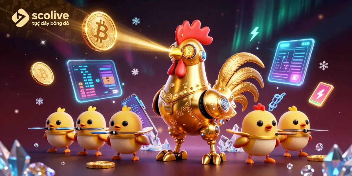 Socolive trực tiếp bóng đá showcases the futuristic rooster robot betting in a vibrant casino-like setting.