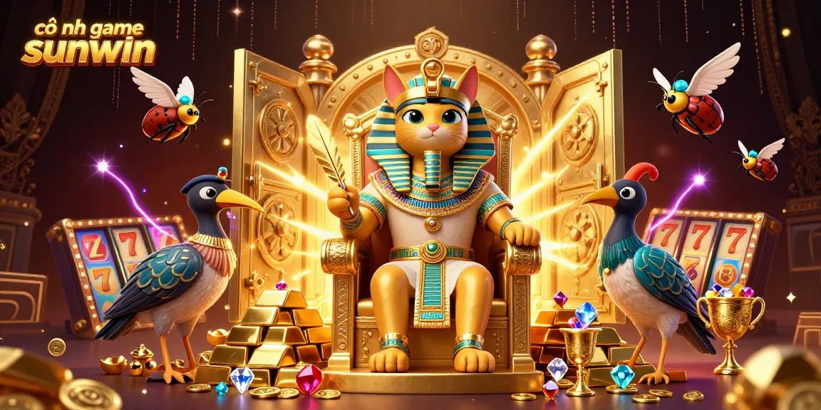 Experience the excitement of the cổng game sunwin as the Egyptian pharaoh cat reigns over a treasure-filled scene.