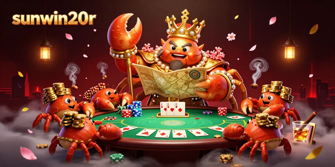 Experience excitement at sunwin20r with a vibrant casino scene featuring a golden crab emperor and poker elements.