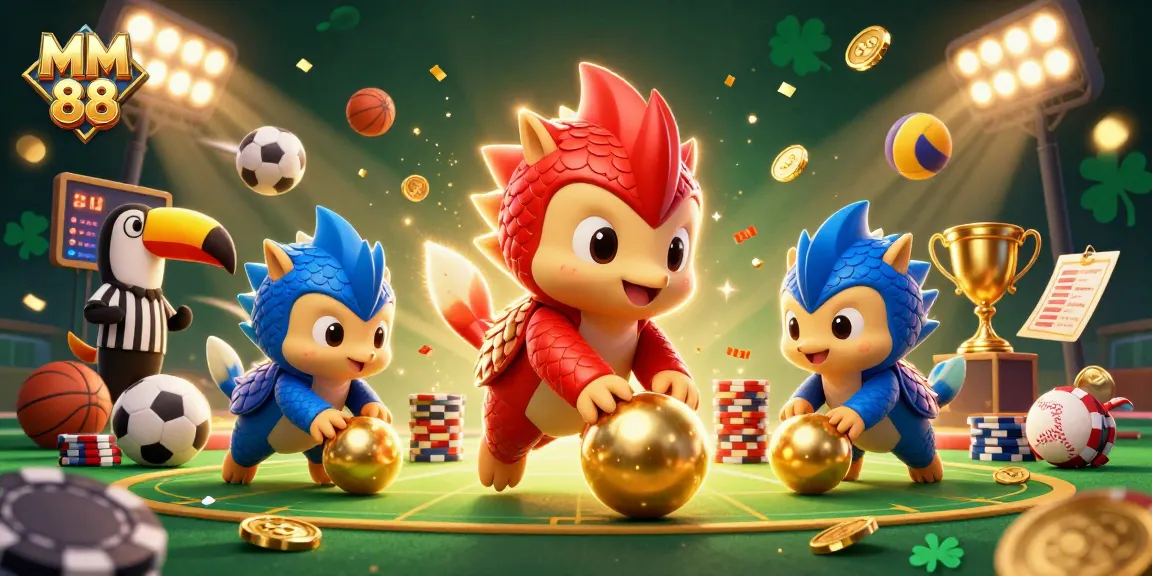 Experience dynamic gaming action with MM 88 pangolins rolling golden balls through poker chips.