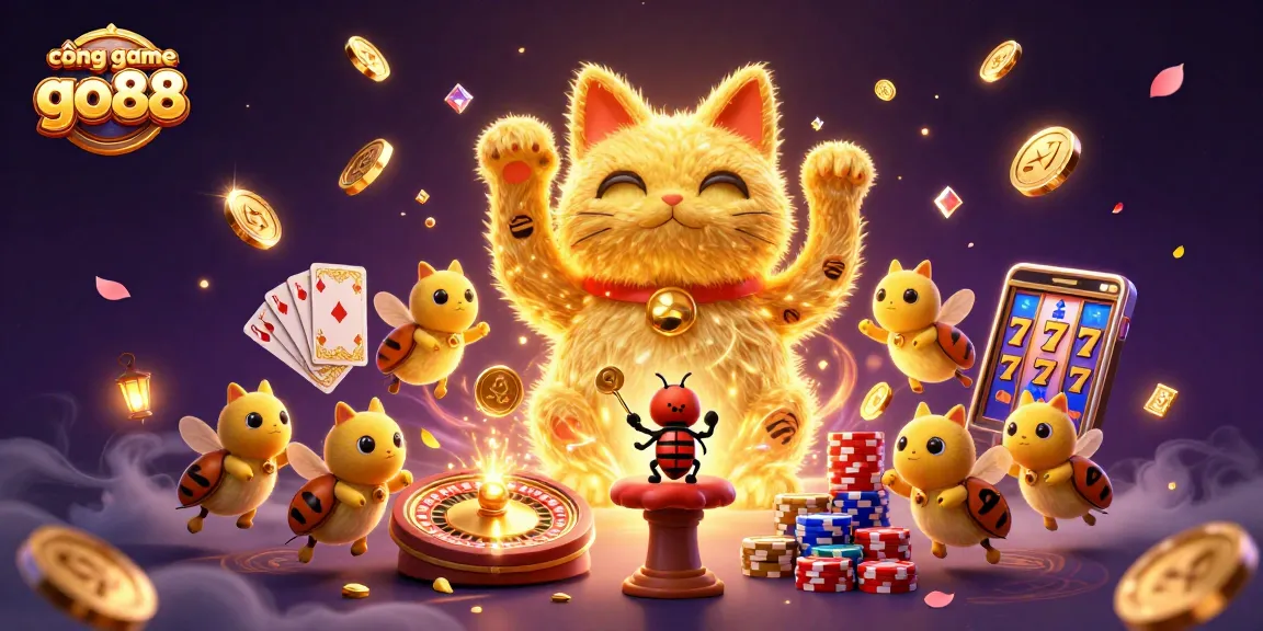 Experience the magic of cổng game go88 with a lucky cat and casino symbols in a dynamic 3D illustration.