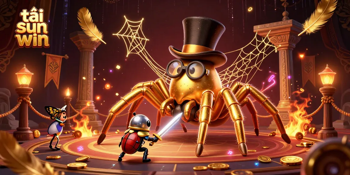 Tải sun win with a giant golden tarantula spinning a web of gold in a bustling casino scene