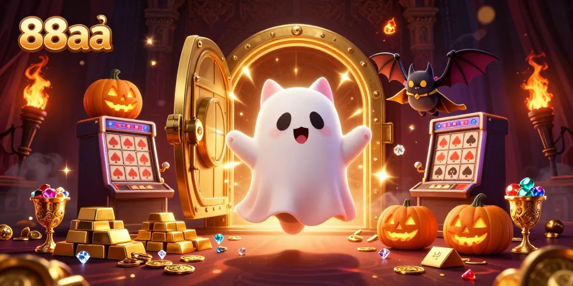 Experience the excitement of 88aa with a playful ghost cat and bat companion in a vibrant casino scene.